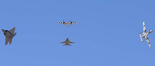 Lockheed P-38J Lightning NL7723C, Lockheed-Martin F-22A Block 30 Raptor 06-4109 of the 57th Fighter Wing, General Dynamics F-16D Block 40D Fighting Falcon 88-0533, and Fairchild-Republic OA-10A Thunderbolt II 80-0279 of the 355 Fighter Wing